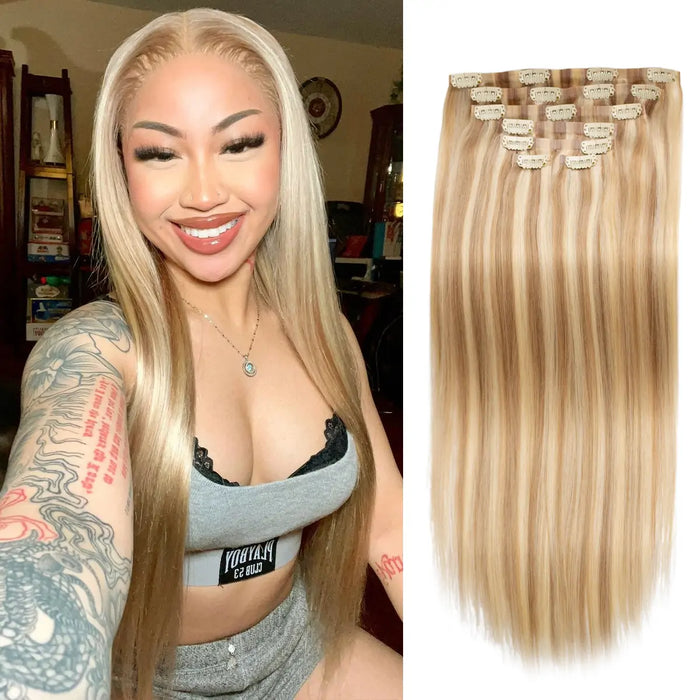Clip-In / Blonde Balayage / Silk Straight / Virgin Human Hair / 7pcs