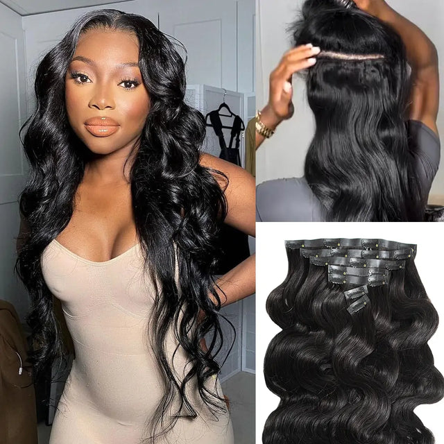 Clip-In / Natural Black / Wavy / Virgin Human Hair / 7pcs
