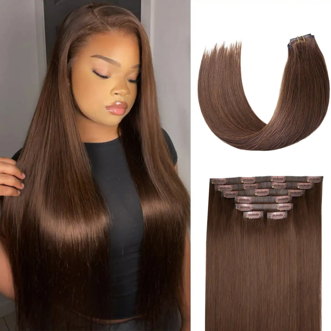 Clip-In / Brown / Silk Straight / Virgin Human Hair / 7pcs