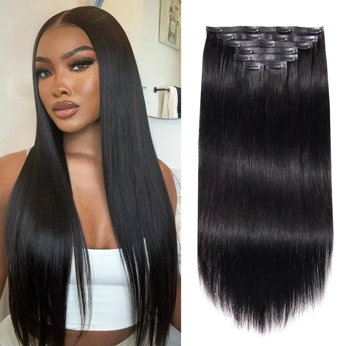 Clip-In / Natural Brown / Yaki Silk Straight / Virgin Human Hair / 7pcs