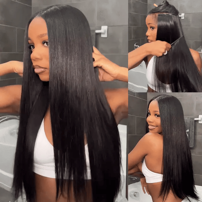 Clip-In / Natural Brown / Yaki Silk Straight / Virgin Human Hair / 7pcs